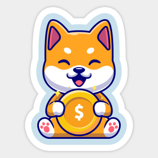 Cute Shiba Inu Holding Gold Coin Cartoon Sticker